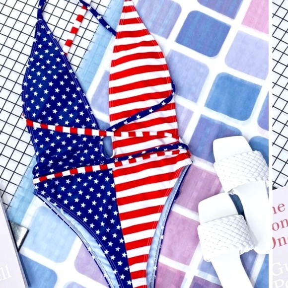 Other - Womens American Flag One Piece Beach Swimwear Mono Thigh High Deep Vneck…